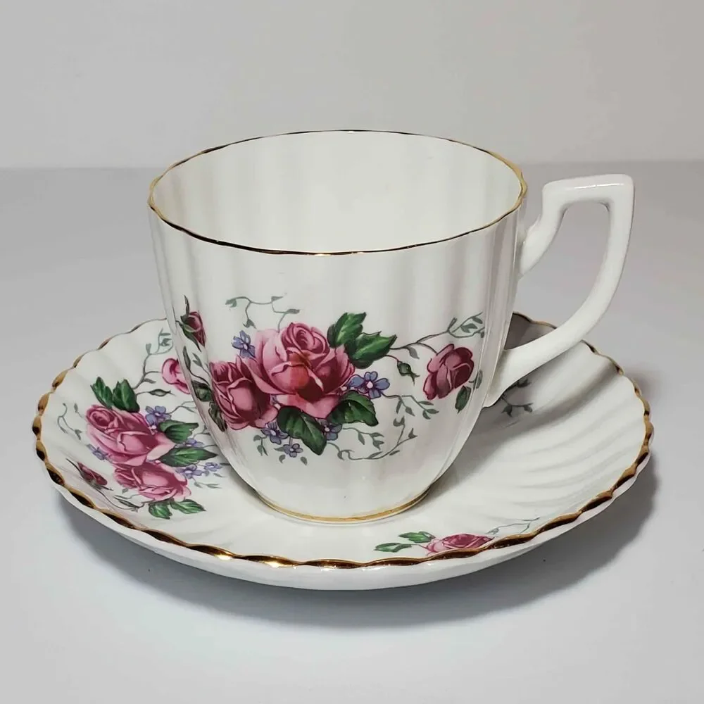 English Castle Teacup and Saucer Pink Roses Vintage